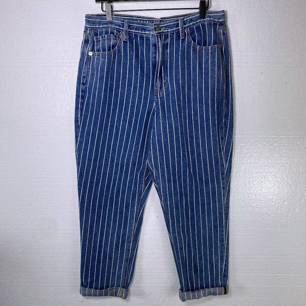 American Eagle 12 Striped High Rise Blue Mom Jeans - Picture 1 of 10